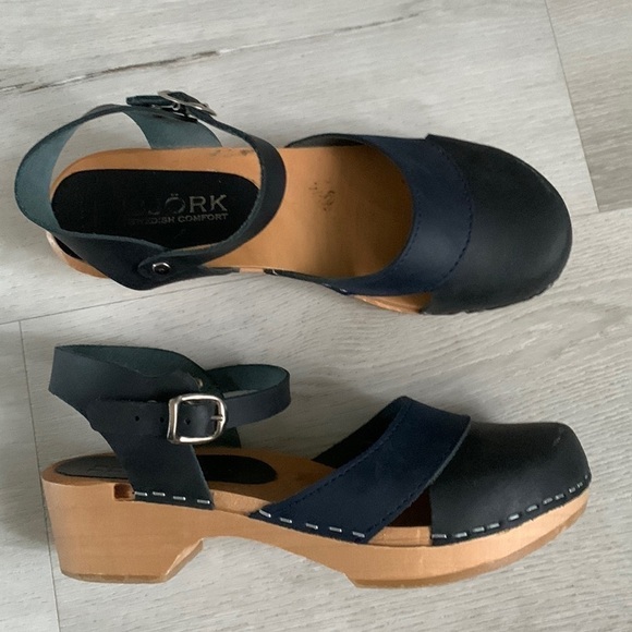 BJORK Mila Swedish comfort Wood Clog Sandals Sz 37 two tones wedges boho leather - Picture 2 of 10